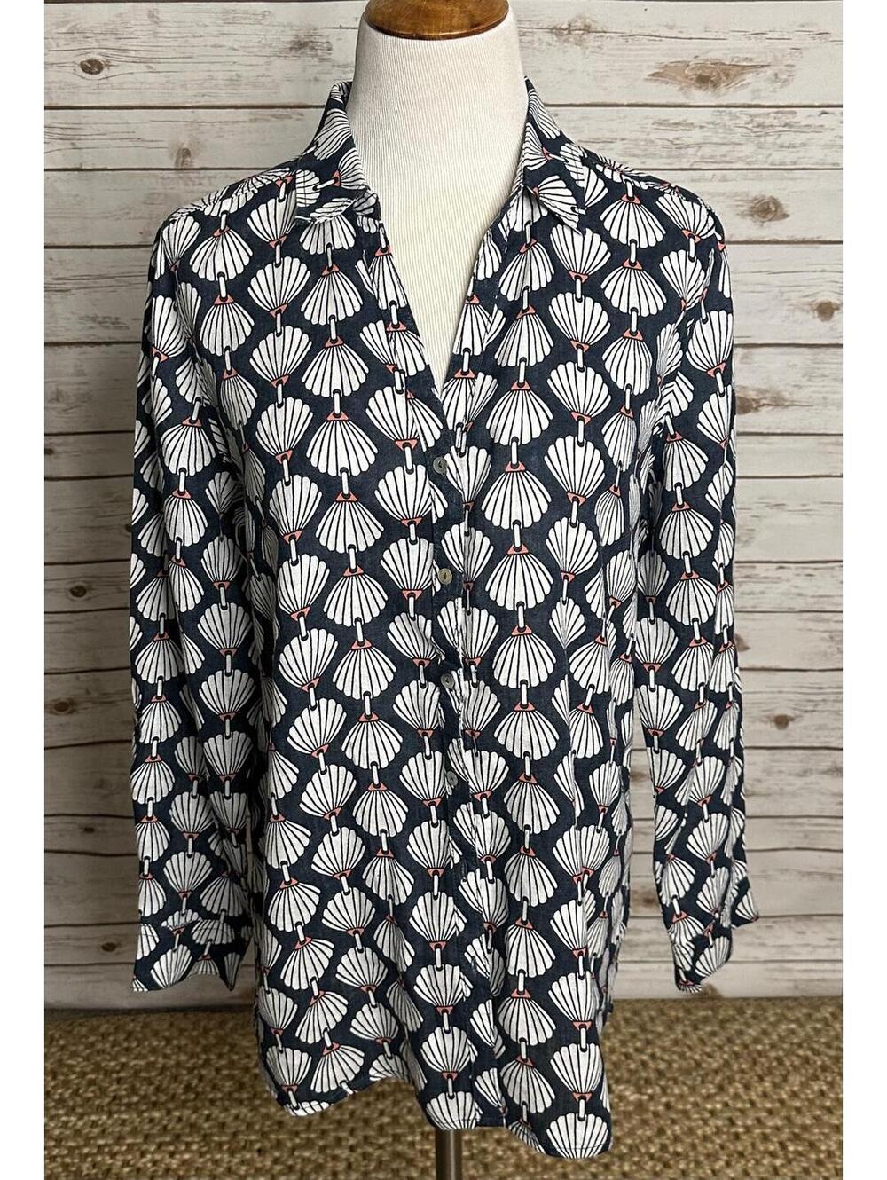 Martha Stewart navy/white/coral 100% linen long sleeve button-up shirt Size Med